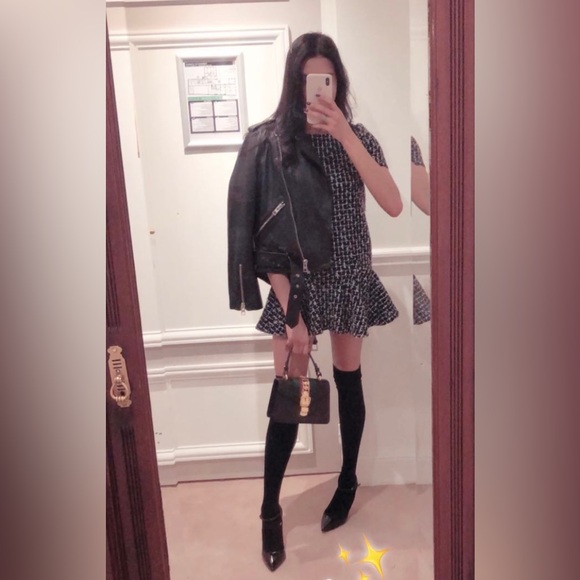 Short Sleeve Navy White Metallic Tweed Shift Mini Dress Size S - Picture 5 of 5